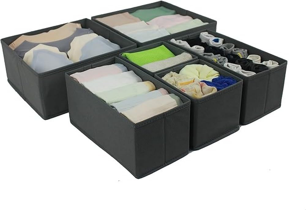 Amazon Basics Collapsible Cloth Drawer Organizer Boxes for Socks, Underwear and Baby Clothes, Storage Bins, Gray, Set of 6