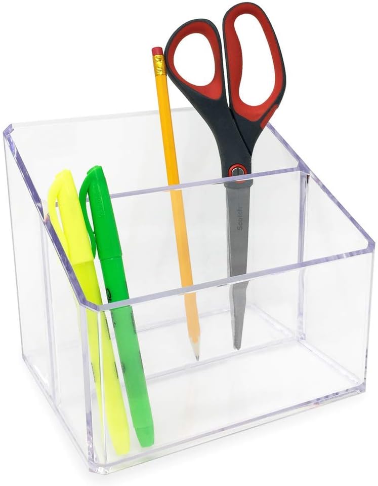 Isaac Jacobs Clear Acrylic 3-Compartment Organizer, Remote Holder & Multi-Functional Makeup, Brush, Pen & Pencil Storage Solution, for The Home, Bathroom, Office, Child’s Desk (3-Section, Clear)