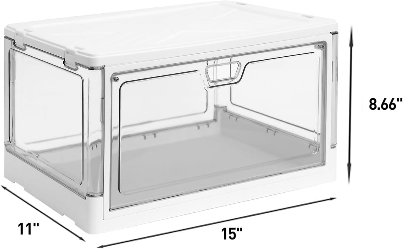 HYBRIDEAS 3-Pack Clear Stackable Storage Bins with Lids Magnetic Doors Open Front Foldable Folding Plastic Craft Containers Large Closet Organizers Box for Bedrooms Living Rooms Study Kids' Toys 24 QT