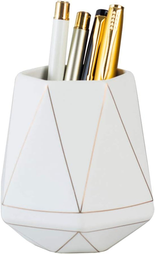 Ceramic Desk Cute Pen Holder Stand Gold Line Pencil Cup Pot Desk Organizer Makeup Brush Holder (White)
