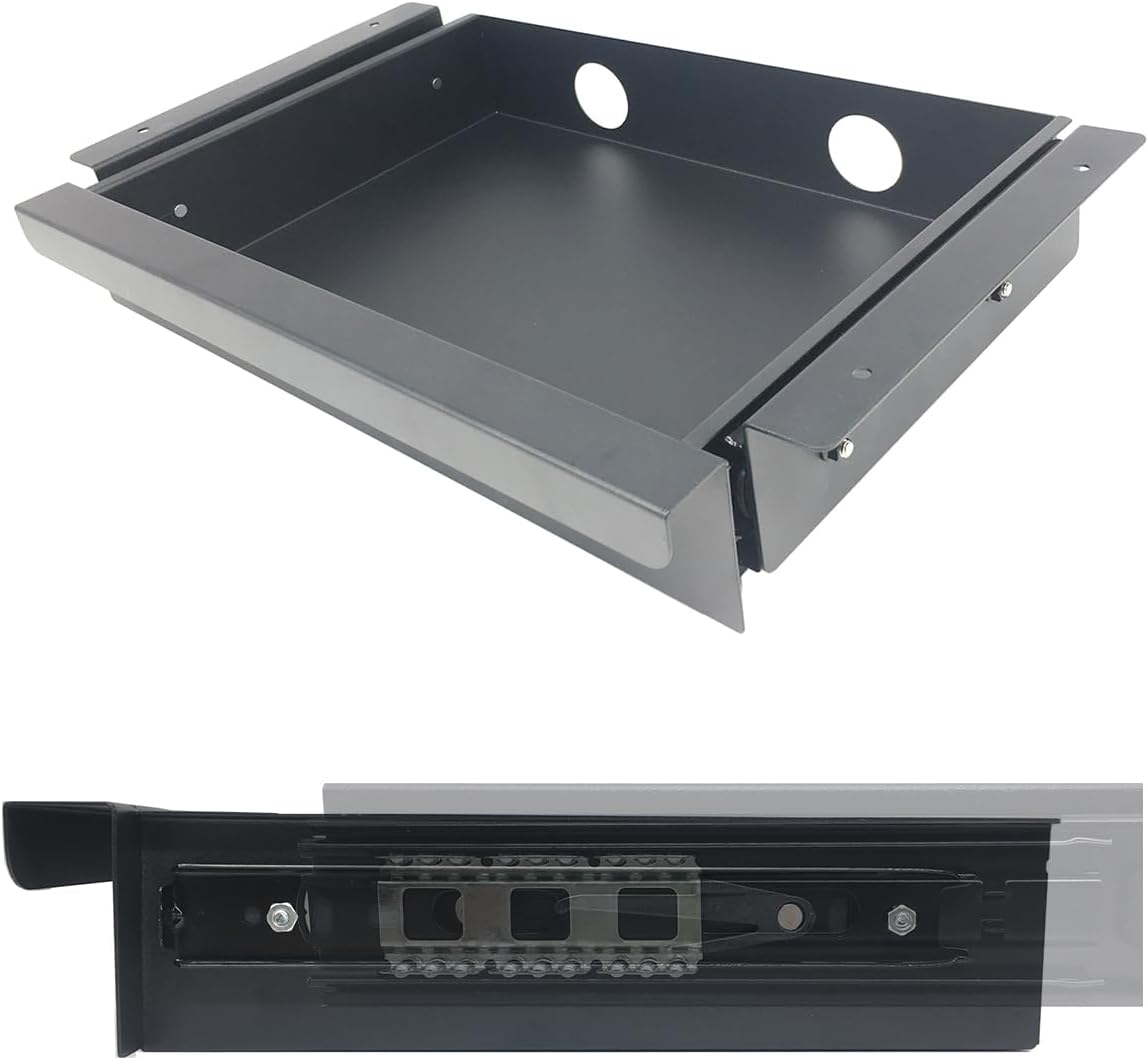 Under Desk Mounted Sliding Pull-Out Drawer for Office Desk W 19.2" x D 13.4" Storage Organizer for Sit Stand Workstation, Metal, Black (Large)
