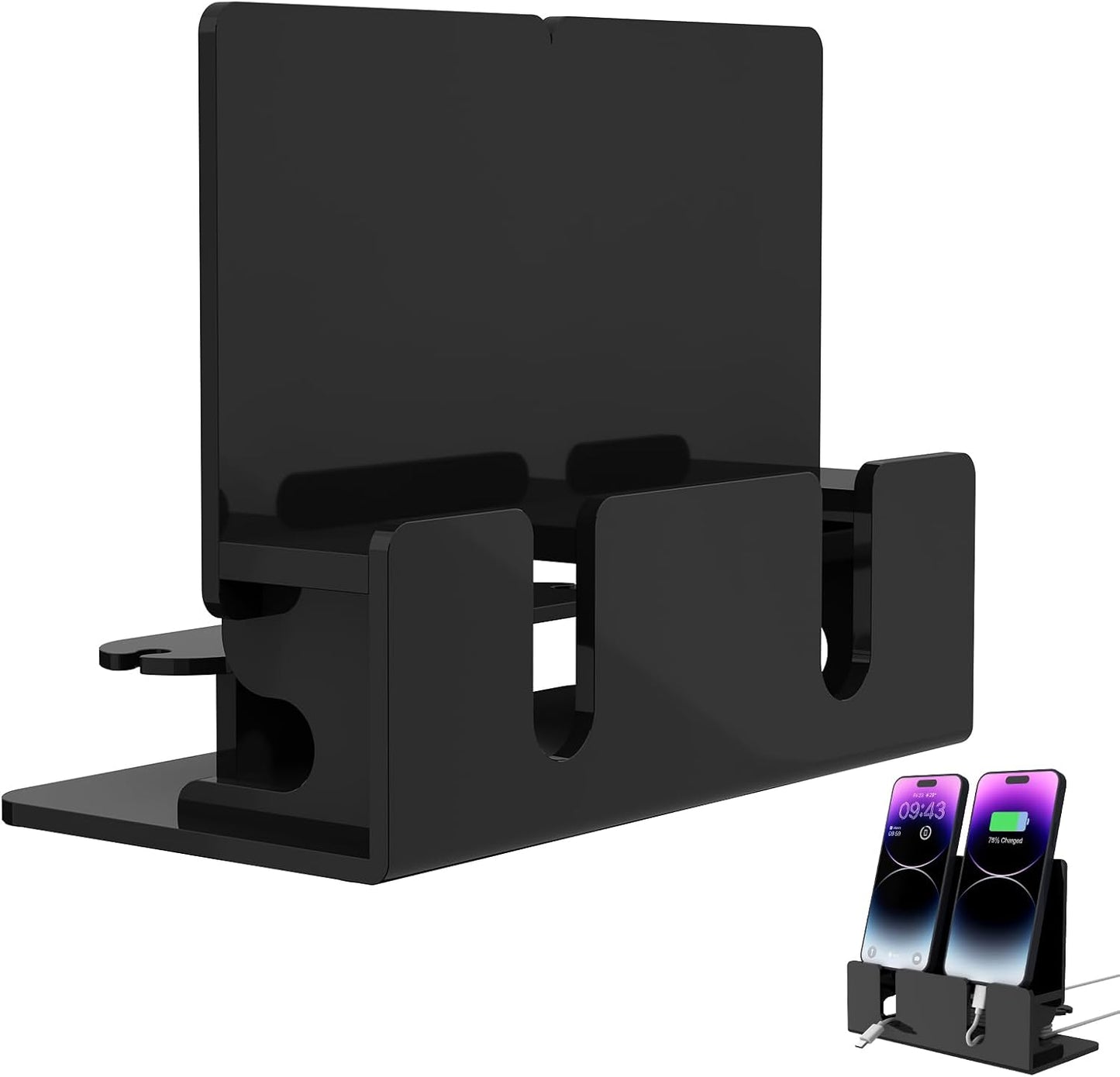 Dual Phone Holder Organizer Stand for 2 Phones, Acrylic Desktop Universal Mobile Phone Docking Station Charger Holder with Cable Management, Black