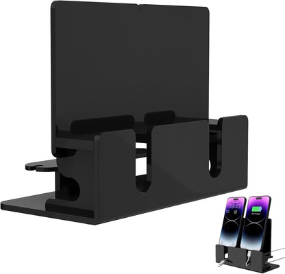 Dual Phone Holder Organizer Stand for 2 Phones, Acrylic Desktop Universal Mobile Phone Docking Station Charger Holder with Cable Management, Black