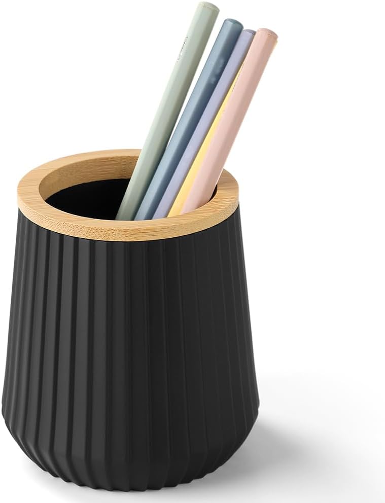 YAUKPH Pen Cup Pencil Holder Desk Organizer Small Plastic Desktop Storage with Striped Bamboo Wood Trim Modern Minimalist Design for Office School Pencils Pens Markers (Matte Black)