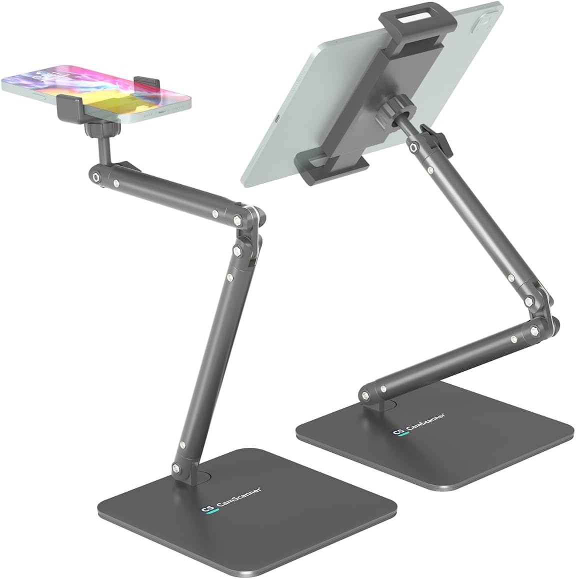 Ergonomic Phone iPad Stand for Desk - Ultra Sturdy Base, Adjustable & Foldable Mobile Holder with 2 Extendable Clamps, Work from Home Essentials Compatible with iPhone/iPad (1 Pack)