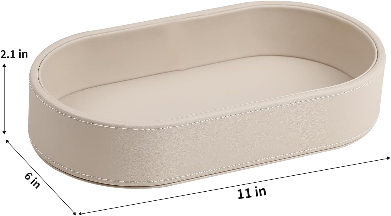 Oval Desk Valet Tray, PU Leather Perfume Dish Bowl for Keys Wallet Watch, Decorative Trinket Vanity Jewelry Tray, Entryway Nightstand Organizer Women Men (Black)
