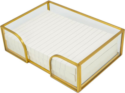 Sticky Note Holder,Glass Post It Note Dispenser with Pen Slot,Gold 3 x 3 Inch Post It Note Holder for Desk,Stylish Sticky Note Dispenser for Home Office Desk