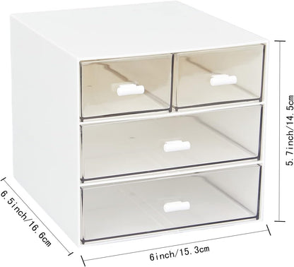 Desk Organizer with 4 Drawers, Clear Plastic Desk Storage Box, Desktop Organization for Office Supplies, Gel Pens, Pencils, Markers, Tape, Erasers, Paperclips, Chargers (White-4 Draws)