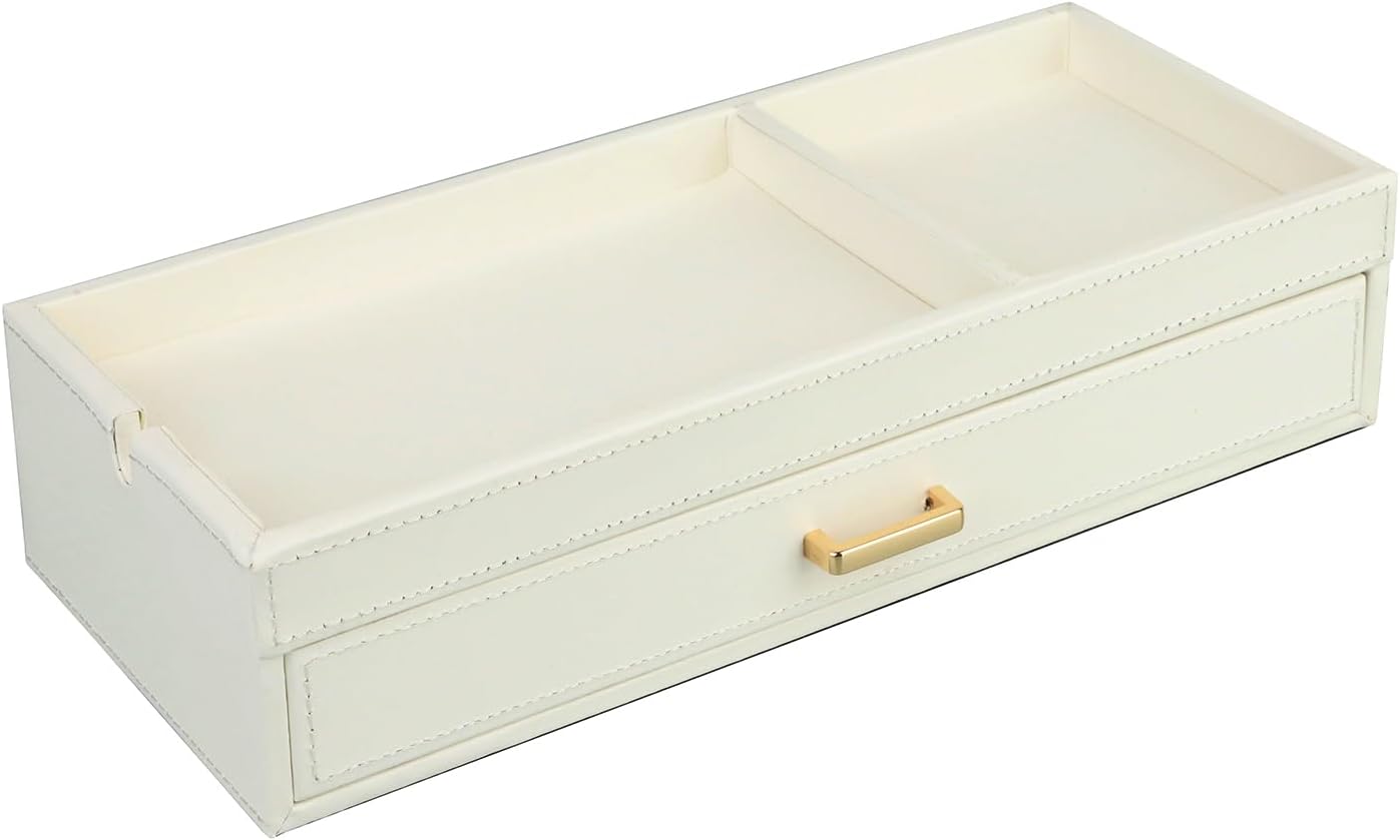 HofferRuffer Valet Jewelry Tray Organizer with Drawer, Faux Leather Storage Catchall Box Phone Charging Station Tray with Dresser Nightstand Desktop Drawer Organizer (Black)
