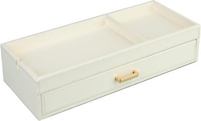 HofferRuffer Valet Jewelry Tray Organizer with Drawer, Faux Leather Storage Catchall Box Phone Charging Station Tray with Dresser Nightstand Desktop Drawer Organizer (Black)