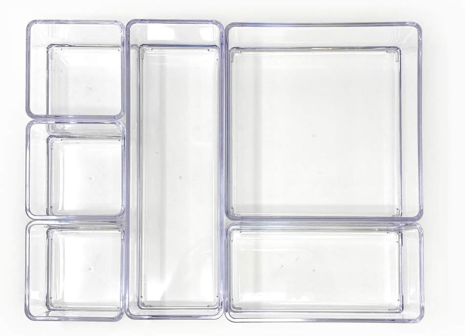 Isaac Jacobs 6-Tray Clear Acrylic Organizer Set, (Six Individual Trays), Multi-Purpose, Stackable Storage Solution for Makeup, Crafts, Desk, School, Office Supplies & More, for Bathroom, Kitchen