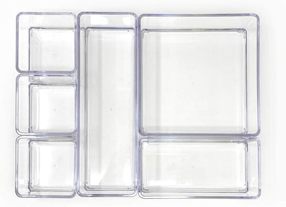 Isaac Jacobs 6-Tray Clear Acrylic Organizer Set, (Six Individual Trays), Multi-Purpose, Stackable Storage Solution for Makeup, Crafts, Desk, School, Office Supplies & More, for Bathroom, Kitchen