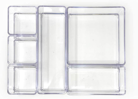 Isaac Jacobs 6-Tray Clear Acrylic Organizer Set, (Six Individual Trays), Multi-Purpose, Stackable Storage Solution for Makeup, Crafts, Desk, School, Office Supplies & More, for Bathroom, Kitchen
