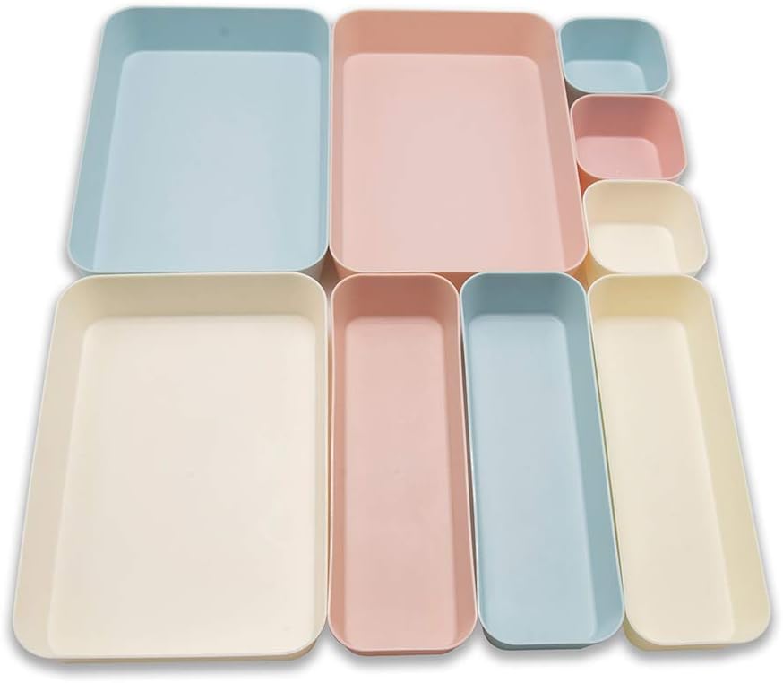 Backerysupply (9 Piece Set) Large Size Plastic Desk Drawer Organizers For Makeup Bathroom Office Kitchen Three Colors