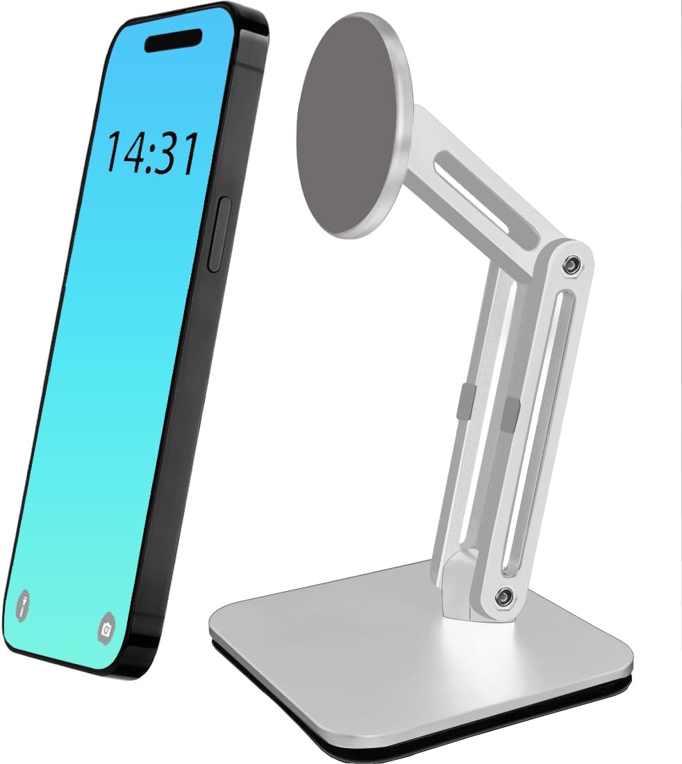 Magnetic Phone Stand for Desk, Heightened Adjustable Foldable, Compatible with iPhone 16/15/14/13/12 All Series/Mag-Safe Case (Silver)