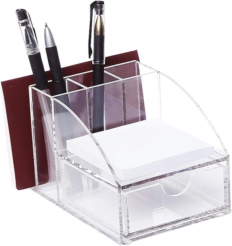 Ikee Design Acrylic Premium Desktop Office Supplies Organizer with Post It Note Pad Holder, Mail Storage and 3 Pencil Slots Pencil Holder, Office Supplies, 3 7/8 W x 5 7/8 D x 3 1/2 H in