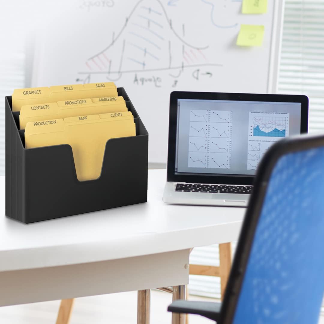 Acrimet Horizontal Triple File Folder Holder Organizer, Open-Top Desktop Document Sorter for Letter Size Papers & Folders, Includes 9 Manila Folders, Plastic Black