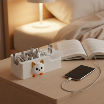 Cable Management Box, Dog Pattern Cord Organizer for Desk, Small Storage Tray for Cables, Chargers, Adapters, Power Strip, Nightstand Organizer, White (6.2 x 3.3 x 2.2 Inch)