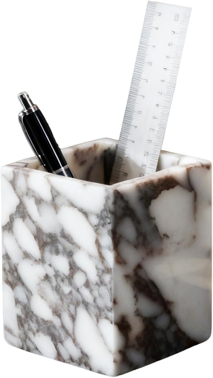 Marble Pen Holder, White Stone Rectangular Desktop Organizer, Office Study Makeup Brush Storage, Home Desk Decor, Minimalist Design, Durable Marble Accessory