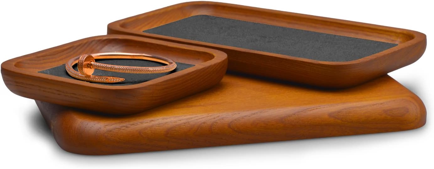 Oirlv Solid Wood Jewelry Display Tray Small Jewelry Tray Rings Earrings Bracelets Necklace Holder Organizer(Rectangle, Grey)