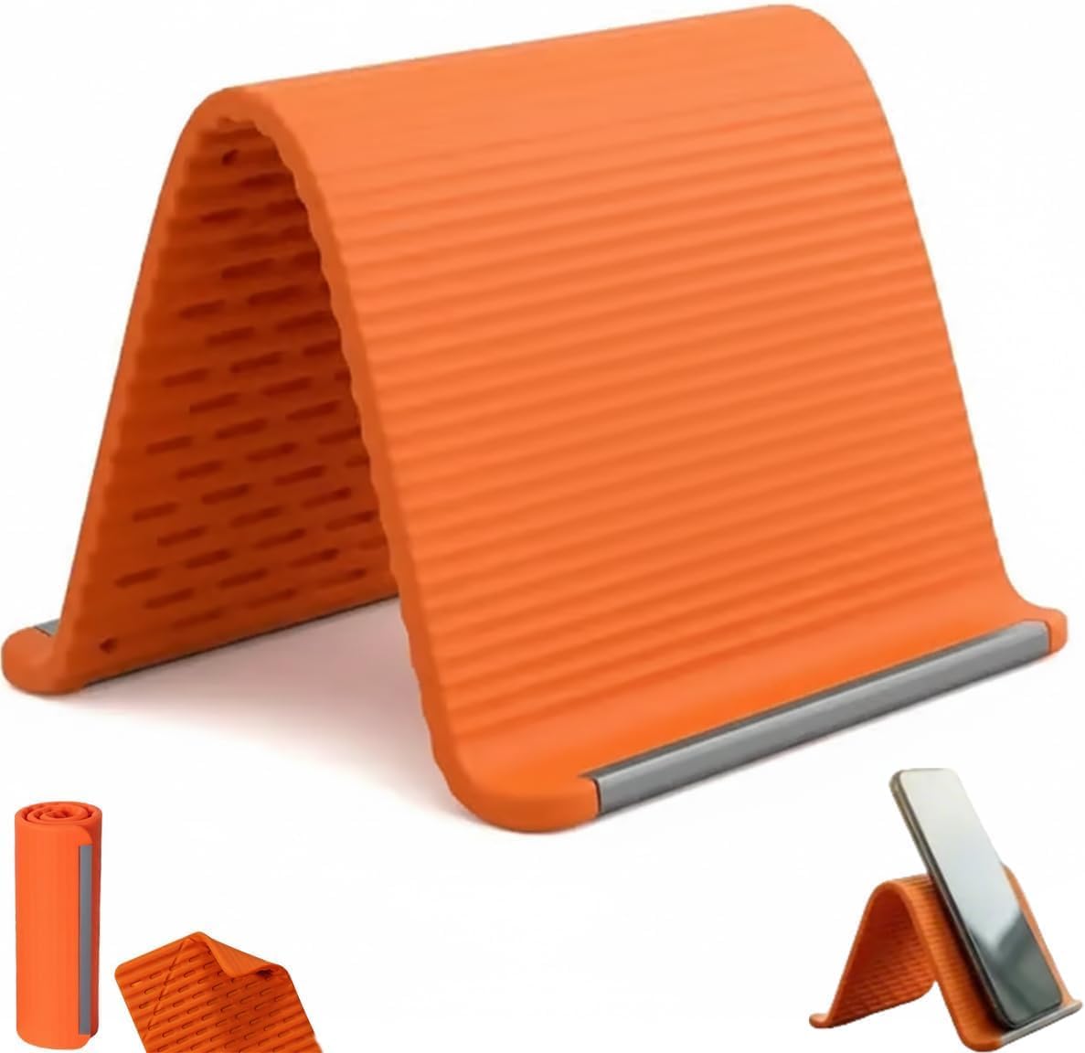 Portable Foldable Silicone Aluminum Phone Holder, Flexible Silicone Phone Stand, Multi-Angle Adjustable Silicones Cell Phone Holder Non-Slip Bed Office Treadmill (Orange)