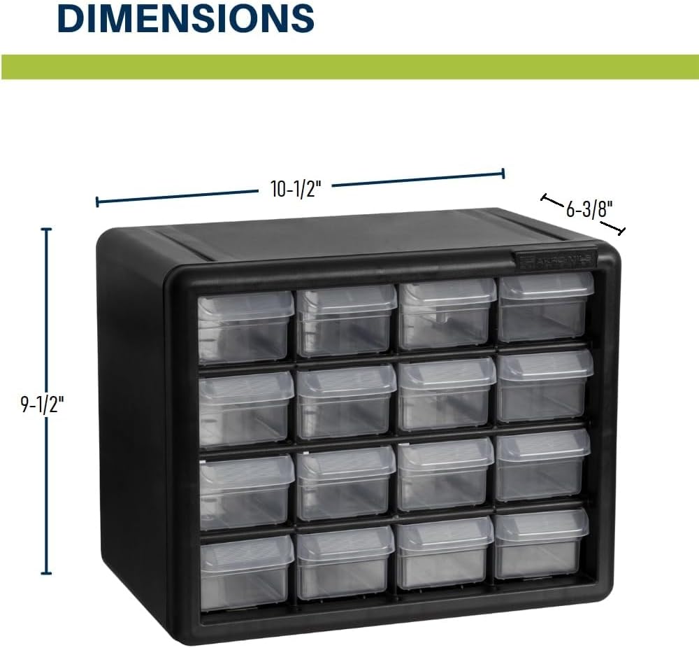 Akro-Mils 24-Drawer Plastic Drawer Storage Cabinet for Garage Organization, Bead Organizer, Building Bricks Storage, Teacher Toolbox, Makeup Organizer, 20" W x 6" D x 16" H, 10124 Black