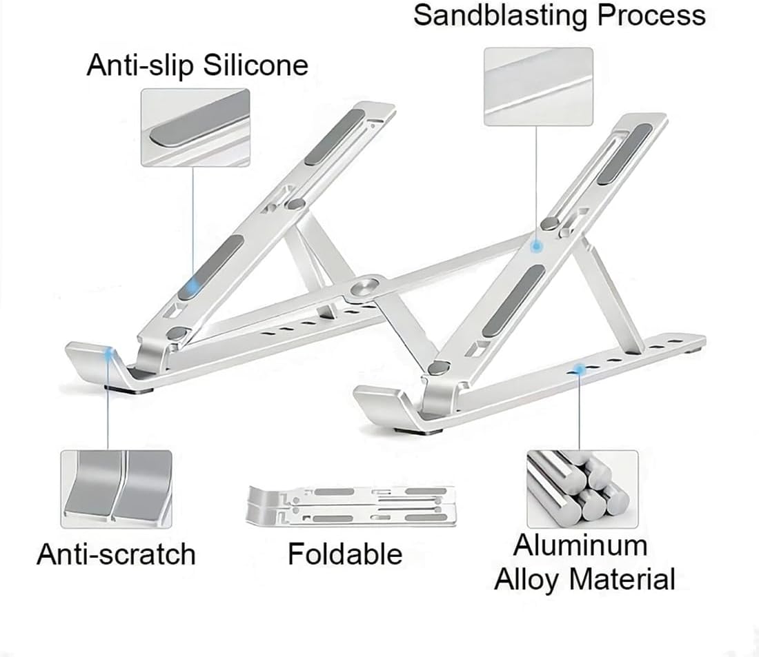 Laptop Stand, Computer Tablet Stand Laptop Holder Riser Ergonomic Aluminum Adjustable 6 Angle Foldable Portable Desktop Holder Compatible with MacBook,iPad, HP, Dell, Lenovo 10-15.6”- Silver
