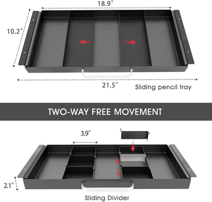 GOME Under Desk Slide out Pencil Drawer with Space Divider Design for Storing Pencil and Office Accessories, Underdesk Pull out Tray Organizer Mounted for Sit Stand Workstation