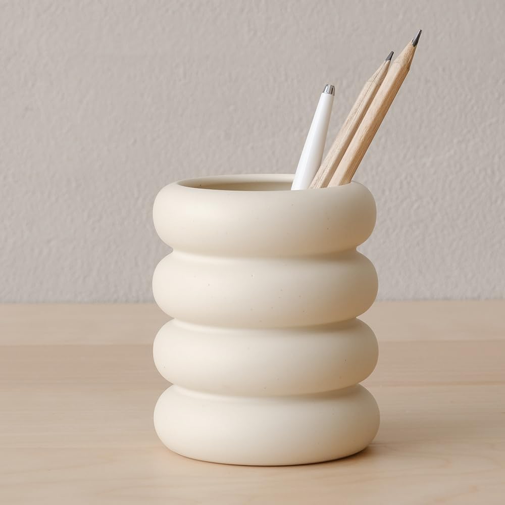WENSHUO Chubby Pen Holder, Makeup Brush Organizer, Modern and Minimalistic, Ceramic Desk Accessories (Nacre White)