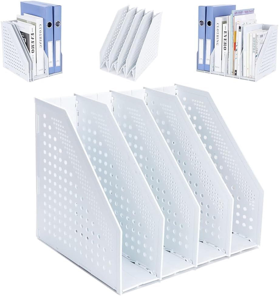 FRETONBA Collapsible Magazine File Holder with 2 Vertical Compartments Foldable Binder Holder for Desk Binder Storage Organizer Plastic Magazine Holders for Shelf, Dark Gray