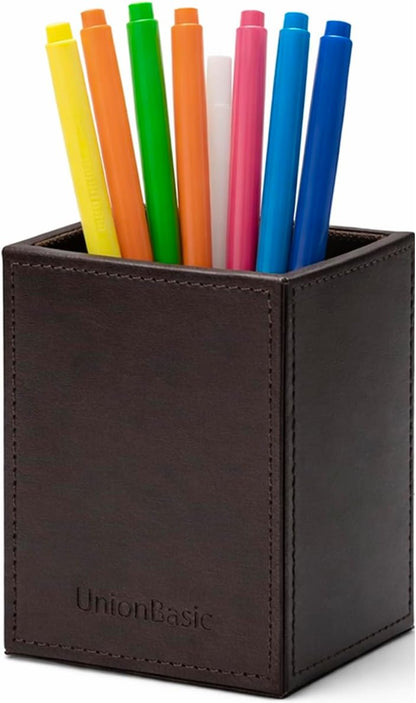 UnionBasic Square Pen Holder, Leather Pencil Cup, Desktop Caddy Stationery Organizer, Beige