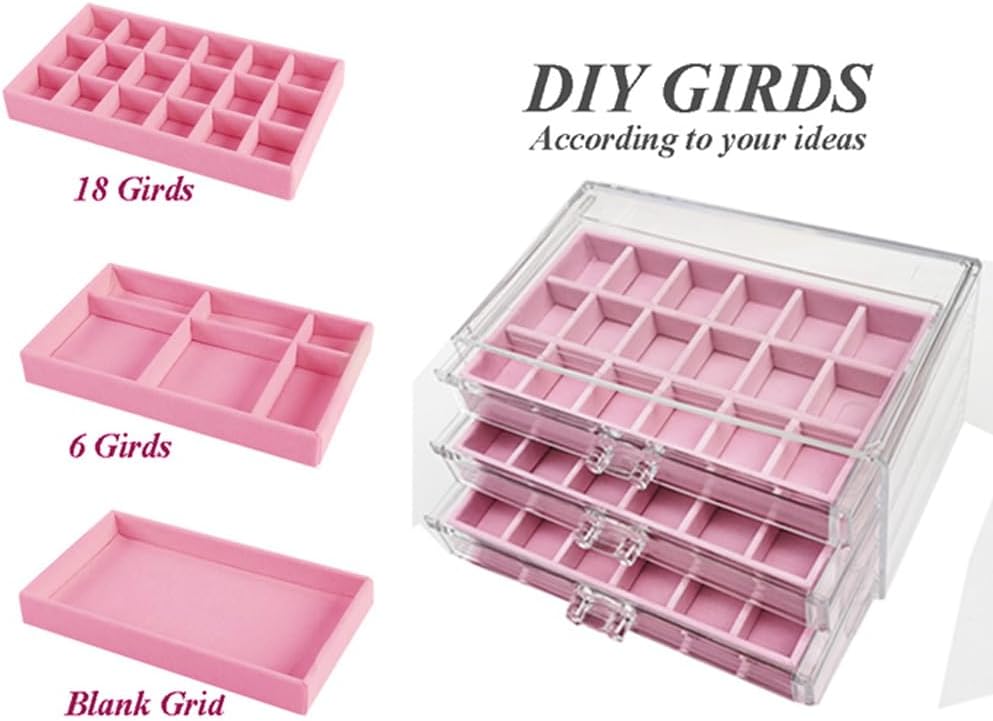YUFONG Earring Organizer Box Acrylic Jewelry Organizer with 3 Drawers 54 Adjustable Grids Clear Stackable Earring Holder Velvet Trays Ring Display Case for Women Girls (Beige)