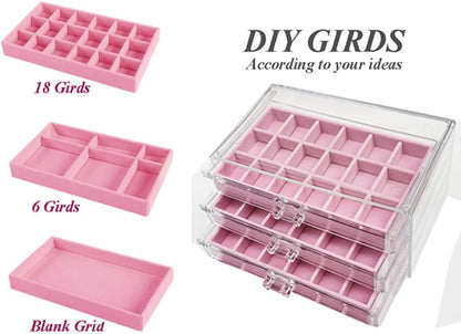 YUFONG Earring Organizer Box Acrylic Jewelry Organizer with 3 Drawers 54 Adjustable Grids Clear Stackable Earring Holder Velvet Trays Ring Display Case for Women Girls (Beige)