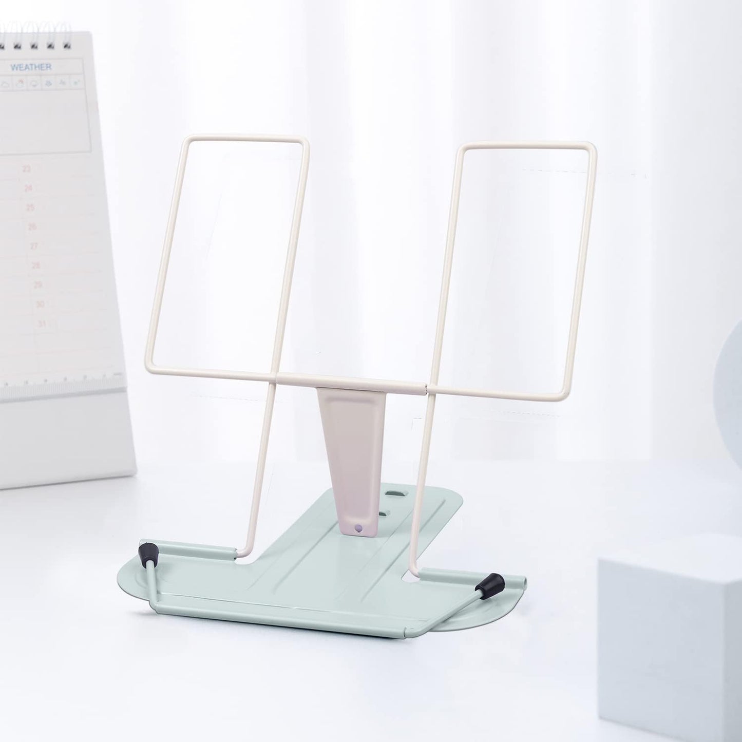 MSDADA Metal Book Stand for Desk, Adjustable Reading Rest Book Holder, Portable Cookbook Documents Holder, Sturdy Typing Stand for Recipes Textbooks Tablet Music Books with Page Clips (Macaron Pink)