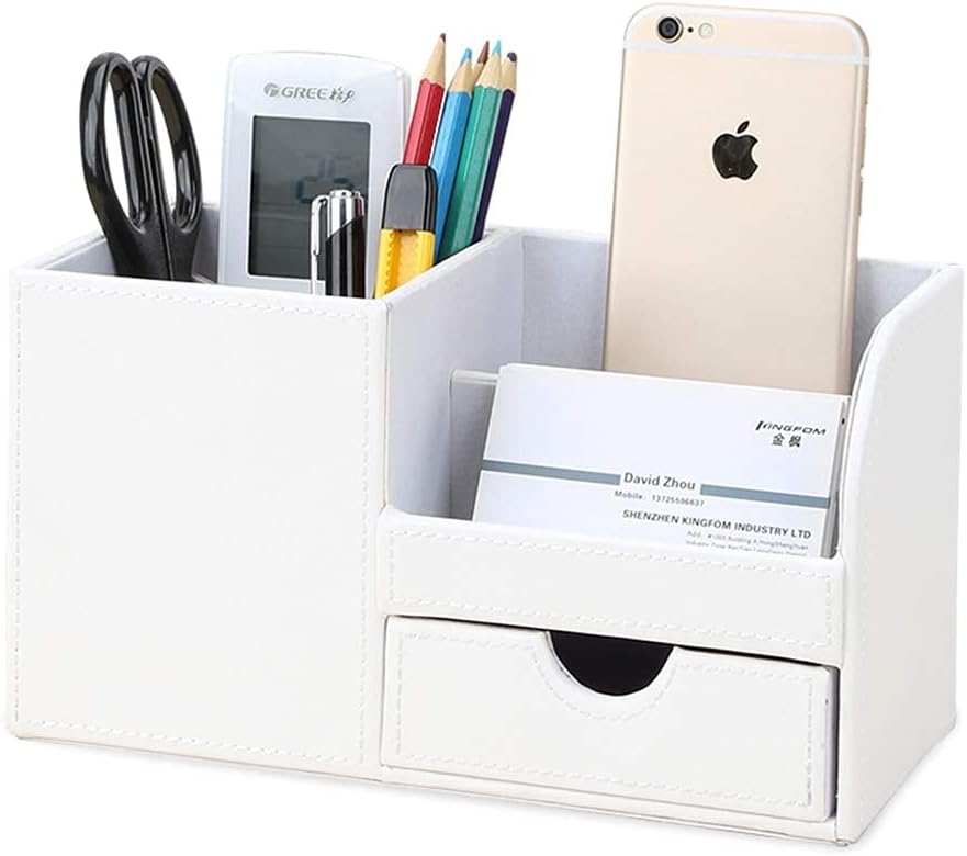 KINGFOM Desk Organizer Office Supplies Caddy Pu Leather Multi-function Storage Box Pen/Pencil,Cell phone, Business Name Cards Remote Control Holder with Small Drawer Black