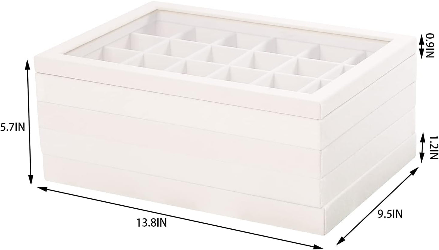 Coward Stackable Jewelry Trays Organizer Set with Clear Lid, Trays for Drawer, Earring Necklace Bracelet Ring Display Organizer (beige(ring+12girds+30girds+The glass lid))