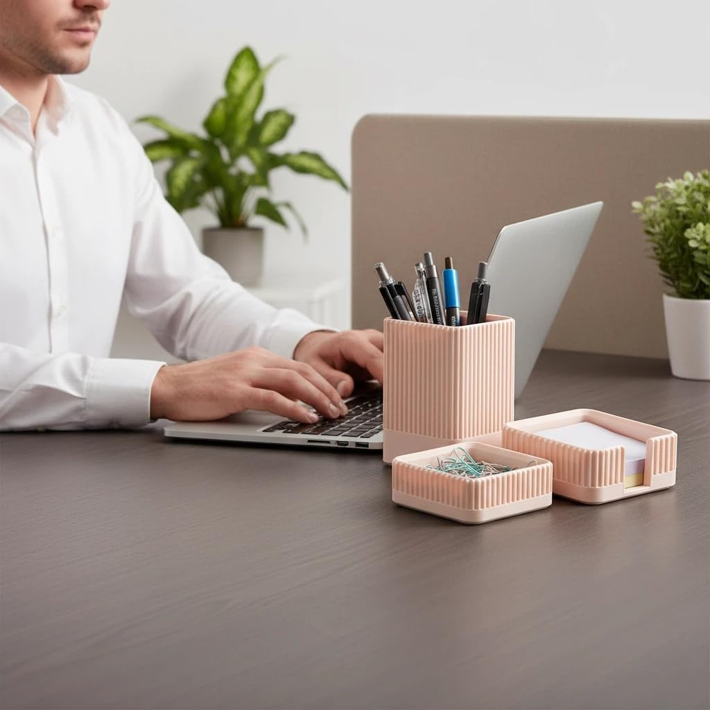 Aesthetic Desk Organizers and Accessories Set of 3 with Pen Holder,Paperclip Holder,Sticky Note Holder - Durable Plastic Pencil Holder for Office Women Men-Teacher Appreciation/Back-to-school Gift