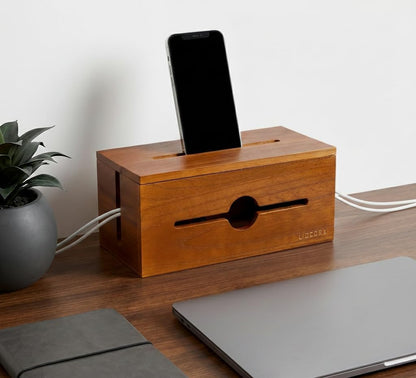 Wooden Cable Management Box for Power Strips, Desk Cord Organizer for Home Office & TV Stand, Hidden Cable Storage with Phone Stand