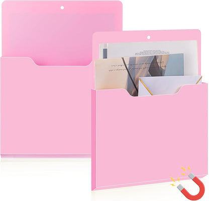 Feifeiya 2 Pcs Magnetic File Folder Wall Hanging Holder Large Pocket Paper Magazine Mail Organizer for Refrigerator Classroom Locker Whiteboard(Vertical,Purple Color,12.2 x 9.4 Inches)