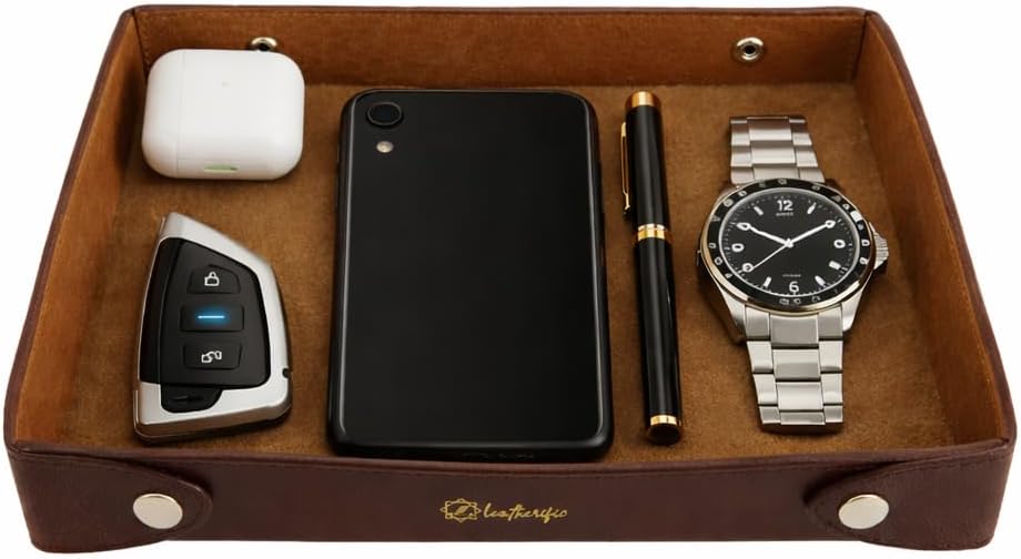 Luxe Genuine Leather Valet Chronicle Tray | Premium Handmade Multipurpose Catchall Tray, Coin Watch Key Trinket Dish for Home Office Desk, Nightstand Entryway (Russet, 11 x 9 x 1.5)