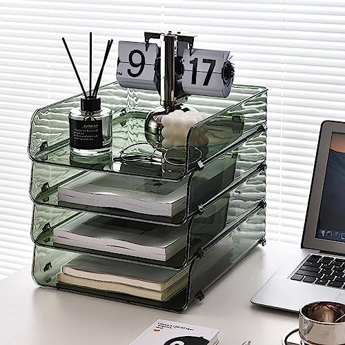 A4 Paper Tray, Minimalist Clear Acrylic Organizer Stackable Letter Tray Office Desk Organiser A4 Paper Filing Trays File Holder for Home Office School, Clear (Green 26.5x33x7.5cm/10.4x13.0x3.0in)