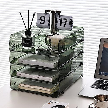 A4 Paper Tray, Minimalist Clear Acrylic Organizer Stackable Letter Tray Office Desk Organiser A4 Paper Filing Trays File Holder for Home Office School, Clear (Green 26.5x33x7.5cm/10.4x13.0x3.0in)