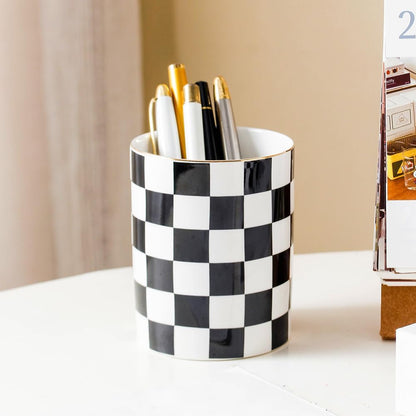 Aesthetic Desk Organizer Set of 2 For Office, Checkered Pen Holder and Paper Clip Holder Dispenser, Ceramic Cute Pencil Cup, Desktop Accessories, Office Decor, Ideal Gifts for Mom (Pink-White)