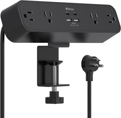 PD30W Desk Clamp Power Strip, Desktop Mount Surge Protector, Fast Charging Station, 5Ft Extension Cord Desk Edge Mount Shelf with 4 Outlets 4 USB Ports (2 USB C), Home Office Accessories Essentials
