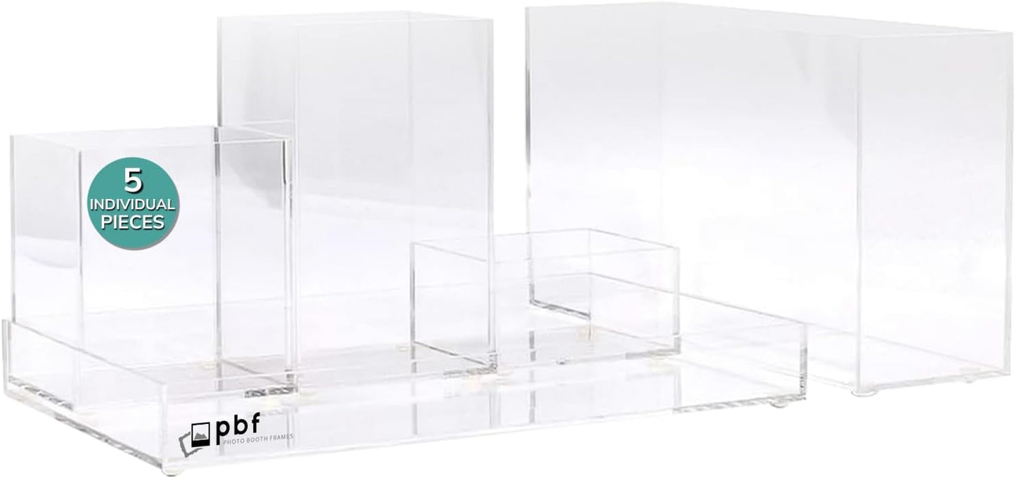 pbf Acrylic Desk Organizer | 5-Piece Modular Clear Acrylic Pen Holder & Paper Tray | Pen Organizer | Bookmark Holder | Pencil Cups