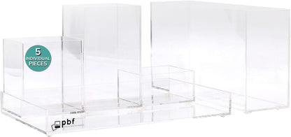 pbf Acrylic Desk Organizer | 5-Piece Modular Clear Acrylic Pen Holder & Paper Tray | Pen Organizer | Bookmark Holder | Pencil Cups
