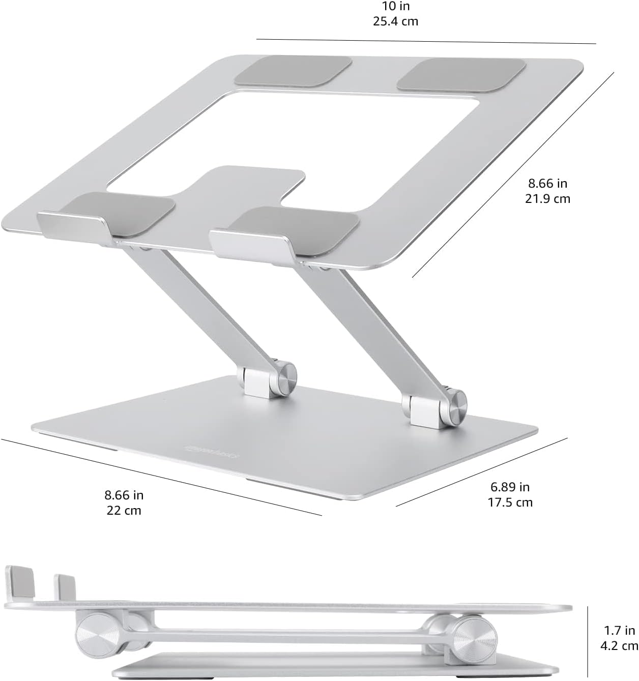 Amazon Basics Sturdy and Portable Ergonomic Laptop Stand for Desk, Height Adjustable Riser with Ventilated Cooling, Foldable, Fits all Laptops up to 15.6 Inch, Silver