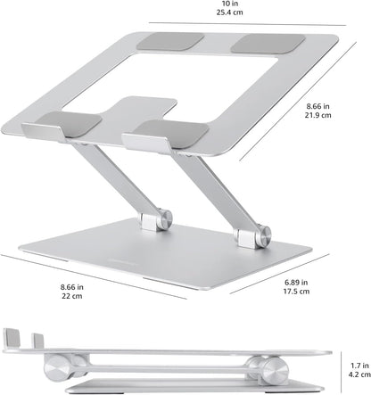 Amazon Basics Sturdy and Portable Ergonomic Laptop Stand for Desk, Height Adjustable Riser with Ventilated Cooling, Foldable, Fits all Laptops up to 15.6 Inch, Silver