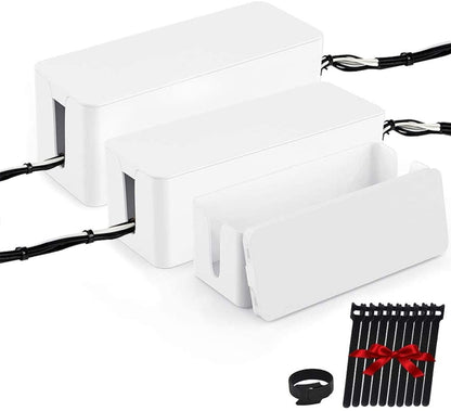 [Set of Three] Cable Management Boxes Organizer, Large Storage Wires Keeper Holder for Desk, TV, Computer, USB Hub, System to Cover and Hide & Power Strips & Cords (Black)