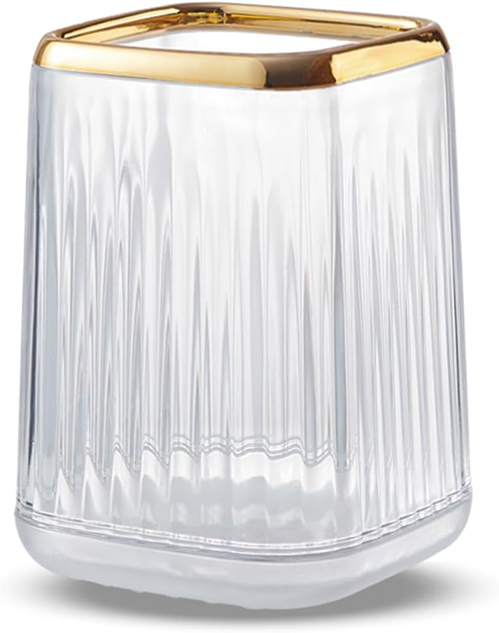 Acrylic Pen Holder, Cute Clear Green Desk Organizer for Pencils, Makeup Brushes Toothbrushes Storage Cup with Striped Design for Vanity Bathroom